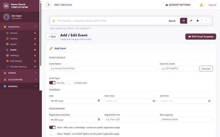 Event Setup — RSVPs, registration, fees, and QR check-in