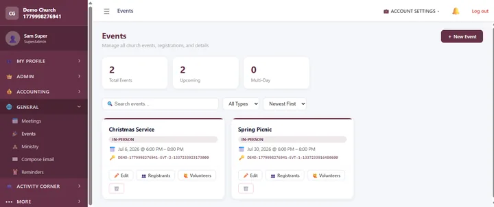 Events Calendar — Every service and gathering in one place