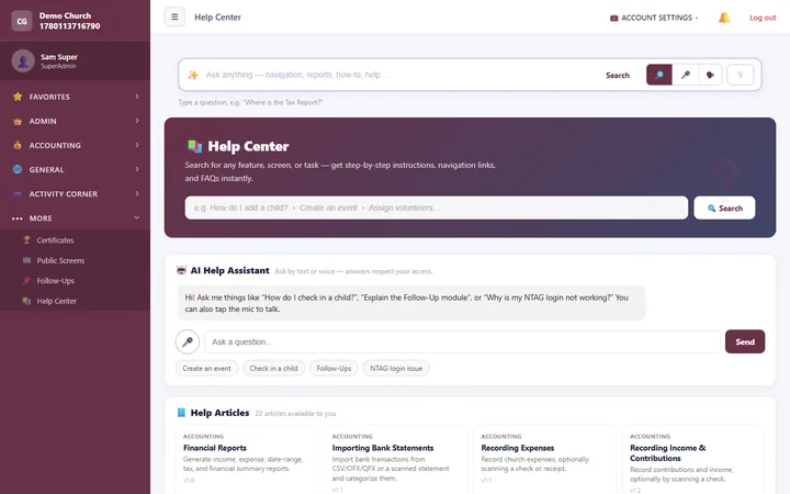 In-App Help Center — Searchable guides plus a built-in AI assistant