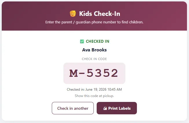 Kids Check-In — Secure code and barcode check-in for children