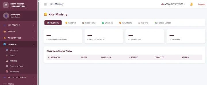 Kids Ministry — Classrooms, rosters, and the parents portal